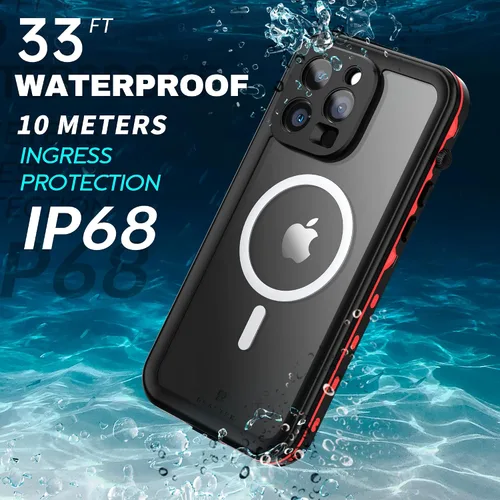 Vista 2 de BEASTEK Funda impermeable para iPhone 14 Pro, TRE Series MagSafe a prueba de golpes a prueba de polvo IP68 con protector de pantalla integrado y Rojo