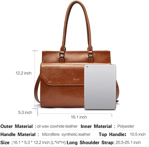 Vista 4 de CLUCI Maletín de negocios de cuero de 15.6 pulgadas para mujeres con 2 compartimentos con cremallera bolsa para portátil Oil Wax Leather, Business