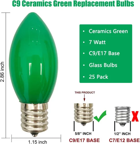 Vista 2 de Paquete de 25 bombillas C9 de cerámica verde de repuesto, bombilla de luz vintage incandescente para guirnalda de San Patricio, bombillas de luz