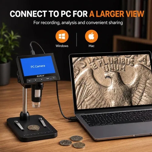 Vista 6 de Elikliv Microscopio para monedas, microscopio digital LCD de 4.3 pulgadas, 1000x, lupa de monedas con 8 luces LED ajustables, vista de PC compatible