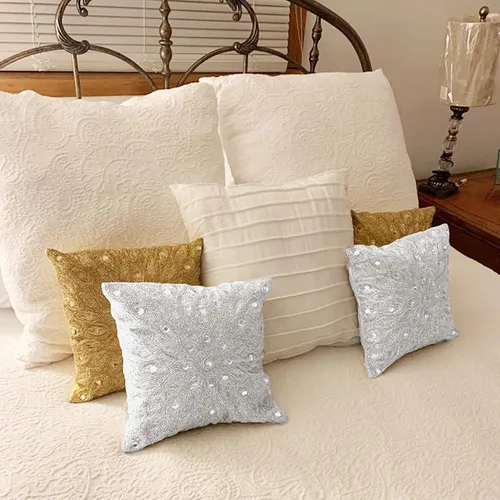 Vista 6 de Lightnpro - Funda de almohada plateada de lujo con cuentas a mano, 12 x 12 pulgadas, exquisito cojín hecho a mano para sofá, sofá y cama, elegante