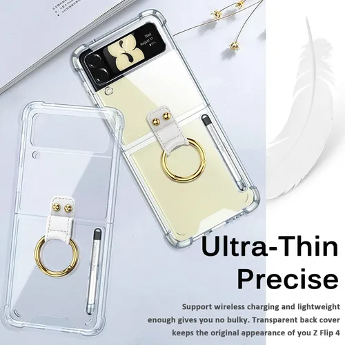 Vista 6 de Miimall Funda compatible con Samsung Galaxy Z Flip 4 2022 con bolígrafo, funda ultradelgada Flip 4 con soporte para anillo, TPU suave + PC, a prueba