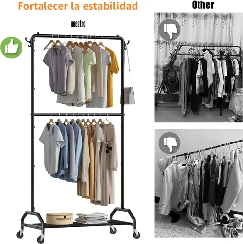 Vista 6 de Wiracks Perchero doble para colgar ropa, perchero para ropa, 130 libras, capacidad 34.5 pulgadas de ancho x 15.8 pulgadas de profundidad x 79