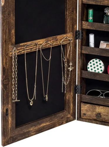 Vista 4 de YOKUKINA Armario de espejo de joyería, organizador de almacenamiento grande con luz LED, armario con cerradura para colgar en la puerta o montar
