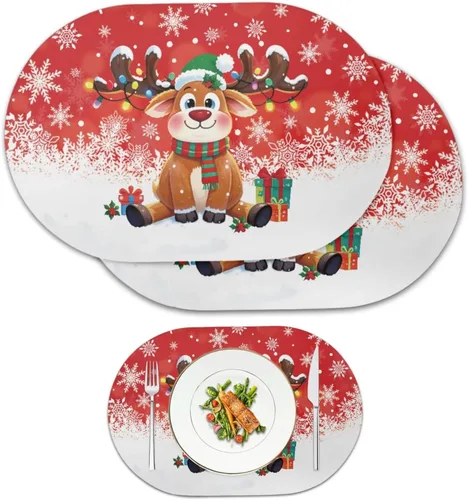 Vista 38 de Juego de 2 manteles individuales con luces de Navidad, resistentes al calor, antideslizantes, impermeables, a prueba de aceite, lavables, lavables