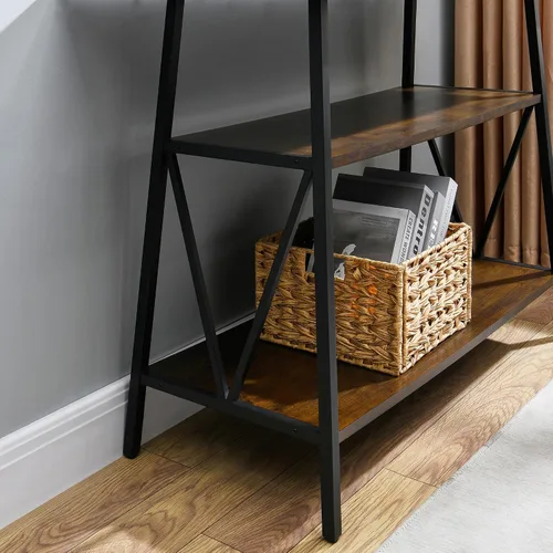 Vista 6 de Mesa consola con mesa dentada, mesa de entrada de madera maciza con estante de almacenamiento, mesa de pasillo rústica de 3 niveles, mesa de sofá