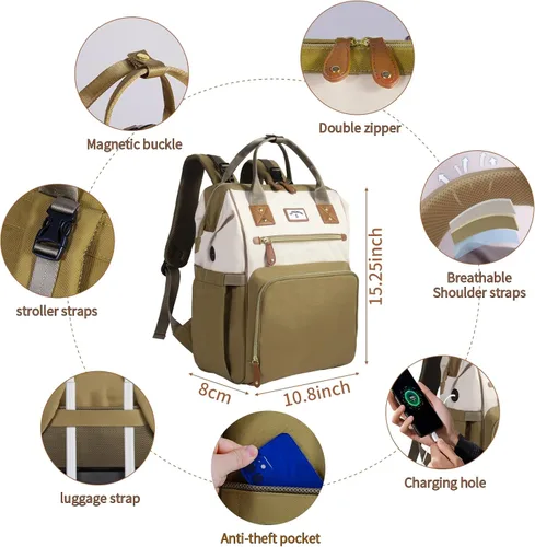 Vista 5 de Mochila para pañales: bolsa de bebé para niño y niña, bolsa grande para mamá, bolsillos aislados, agujeros para cargador para hombres y mujeres