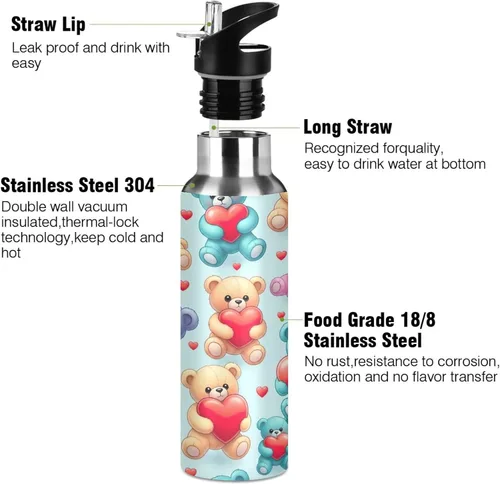 Vista 3 de Insulated Water Bottle 32 Oz, BPA-Free Sports Water Bottle with Straw for Gym Outdoor Travel School, Cute Bears Red Hearts