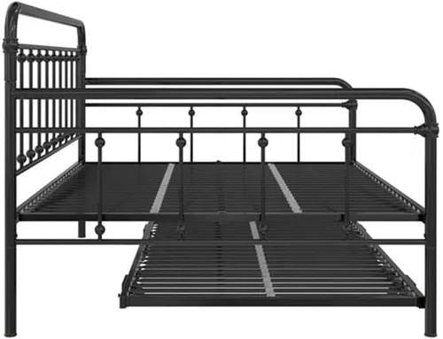 Vista 9 de BOWERY HILL Twin Daybed with Pop-Up Full Trundle, Black Powder-Coated Steel Frame, Slatted Mattress Support, Low-Profile Space-Saving Design, Guest