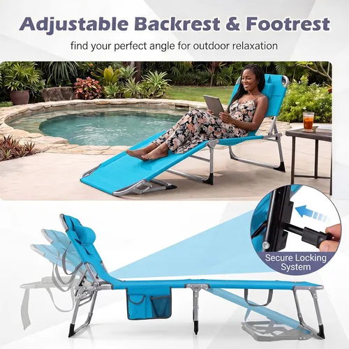 Vista 8 de Tangkula Silla de bronceado con agujero facial, silla plegable ajustable reclinable para playa, tomar el sol con bolsillo lateral, tumbona portátil