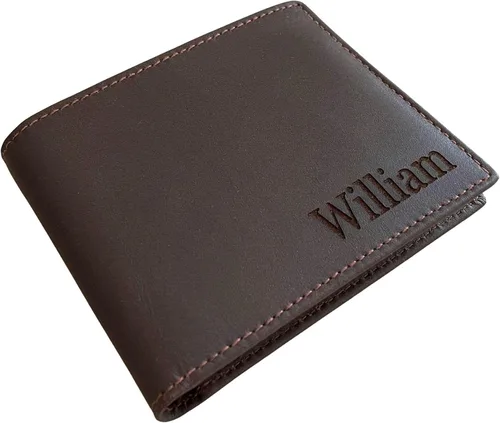Vista 8 de Cartera de cuero real para hombre, billetera personalizada plegable con bloqueo RFID, cartera con ventana para identificación, tarjetero de cuero