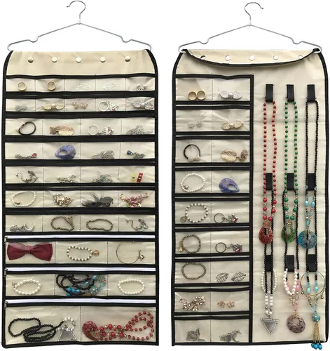 Vista 17 de BB Brotrade Organizador colgante de joyas, organizador de accesorios, organizador de 80 bolsillos para guardar joyas (beige)