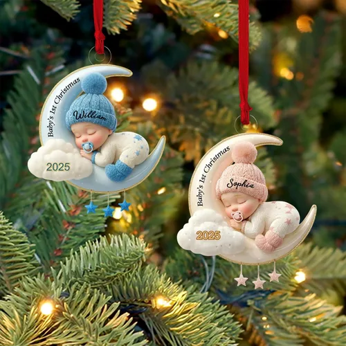 Vista 11 de Adorno personalizado de primera Navidad del bebé con carga de foto, decoración plana colgante de cara de recién nacido para árbol navideño, lindo