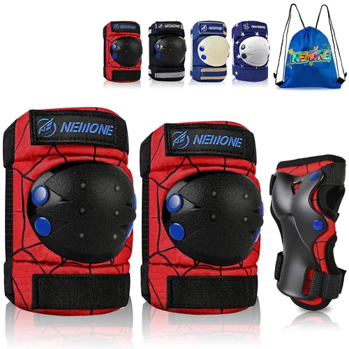 Vista 15 de NEMONE Rodilleras para niños, coderas, coderas, muñequeras con bolsa de cordón, juego de equipo de protección reflectante ajustable para patinetes