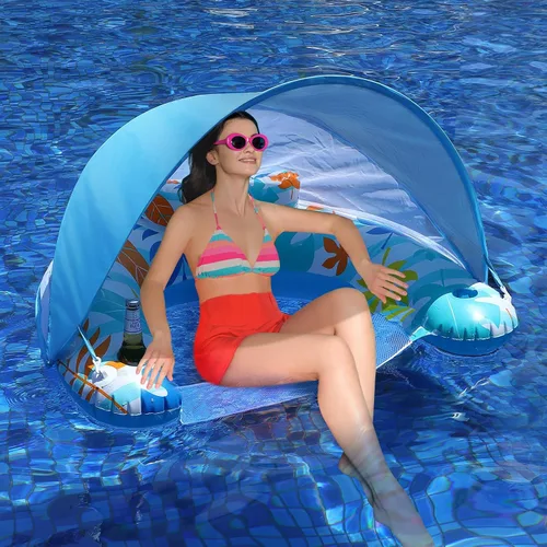 Vista 8 de LAYCOL Flotadores de piscina premium para adultos con dosel, elegante tumbona de piscina, flotadores de piscina resistentes para adultos, flotadores