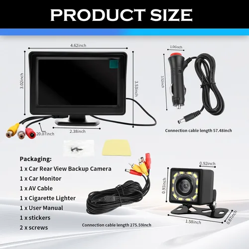 Vista 2 de Cámara de respaldo de 12 LED con monitor de 4.6 x 3.5 pulgadas, HD 150° gran angular para automóvil, con función de visión nocturna, cámaras