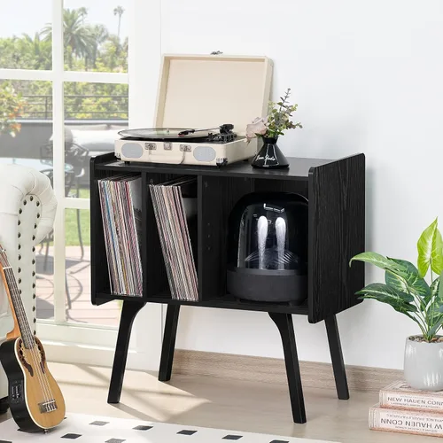 Vista 4 de LELELINKY Soporte para tocadiscos, mesa de almacenamiento de discos de vinilo con 4 gabinetes de hasta 120 álbumes, soporte para tocadiscos