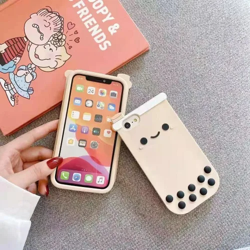 Vista 3 de Yatchen Fundas Kawaii para iPhone 7 Plus/8 Plus, lindo diseño de dibujos animados 3D Boba Milk Tea Funda de silicona suave divertida con perlas