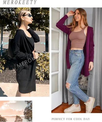 Vista 6 de MEROKEETY - Cárdigan de punto y de manga larga 2023 para mujer, suéter con parte delantera abierta y capucha
