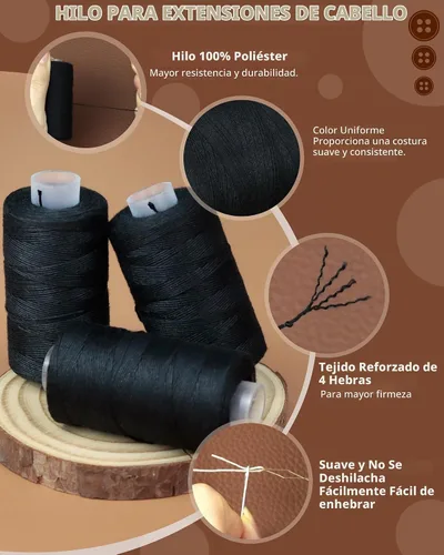 Vista 4 de FIVEIZERO 3 rollos de hilo de extensión de cabello con 30 agujas T/C/J/I utilizando, hilos de tejido de cabello negro, aguja para coser e hilo