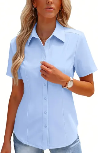 Vista 15 de HOTOUCH Camisas con botones para mujer, manga corta, elástica, sin arrugas, blusas formales de trabajo, blusas de verano, tallas S-2XL