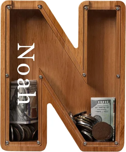 Vista 39 de Alcancía para niños y niñas, alcancía de madera con letra grande del alfabeto con inicial A, banco de monedas, regalos divertidos para cumpleaños
