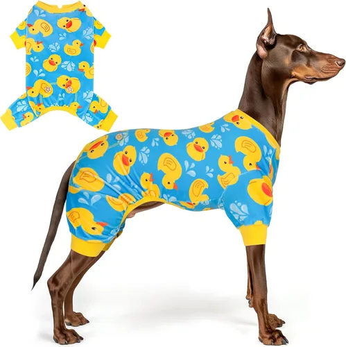 Vista 22 de KYEESE - Pijama de terciopelo para perros, con patrón de patos amarillos, ropa elástica y suave para cachorros y perros pequeños, mameluco cómodo