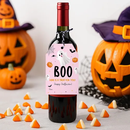 Vista 7 de jijAcraft Etiquetas de Halloween con cuerda, 50 etiquetas de regalo de papel de feliz Halloween, 3.3 x 2.1 pulgadas, diseño de fantasma rosa, un