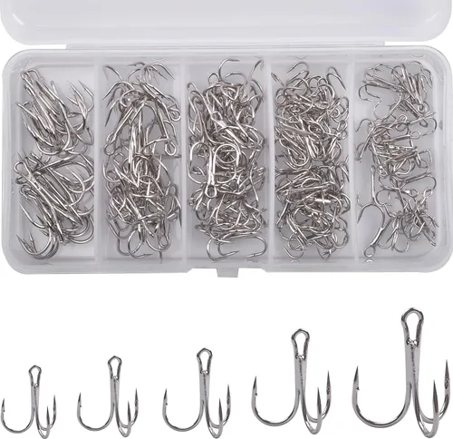 Vista 10 de Fishing Treble Hooks Kit, Sharp Replacement Treble Hooks for Lures Baits, High Carbon Steel Fishing Hooks with Stainless Steel Split Rings Set for