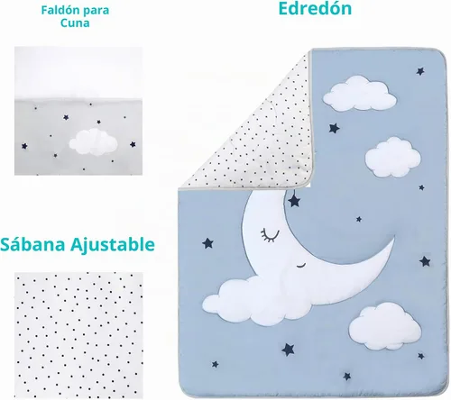 Vista 3 de Sleeping Moon - Juego de ropa de cama para cuna de bebé, 3 piezas, tamaño estándar, color azul y gris