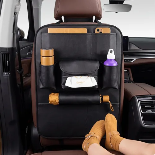 Vista 6 de Paquete de 2 organizadores para la parte trasera del asiento del automóvil con cubiertas universales, organizadores de viaje en cuero sintético