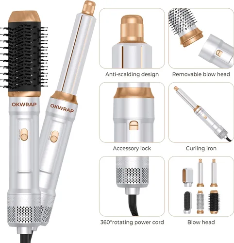 Vista 7 de Cepillo secador de pelo 6 en uno, rizador de aire, cepillo redondo de 800 W, cepillo iónico para mujer, cepillo de aire caliente, herramientas