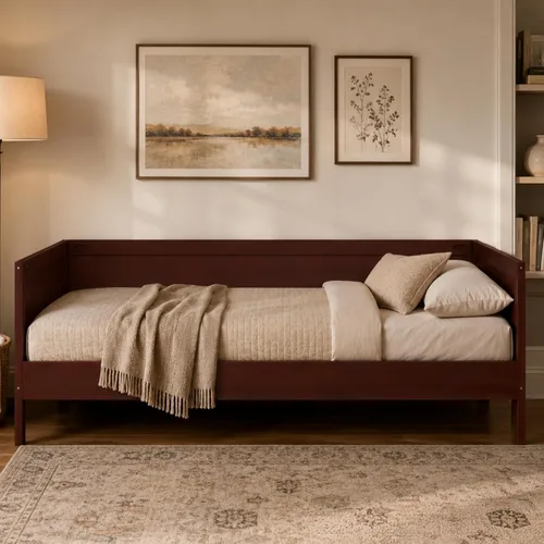Vista 9 de Marco de sofá cama de madera de tamaño individual con rieles de 3 lados y Walnu Oscuro
