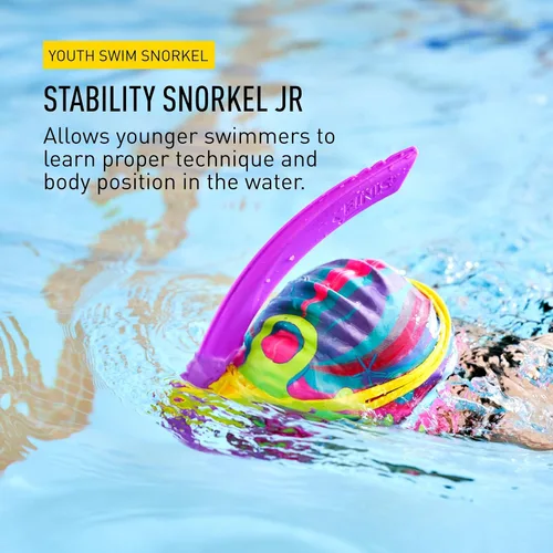 Vista 2 de FINIS Stability Snorkel Jr - Para edades de 6 a 10 años - Esnórquel de entrenamiento de natación con correa para la cabeza, tubo más corto