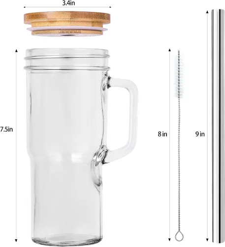 Vista 9 de Vasos de vidrio de 24 onzas con tapas y pajitas - Vaso de vidrio con tapas de bambú y pajita, taza de café helado