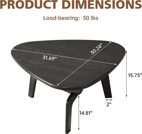 Vista 2 de Ahokua Mesa de centro orgánica moderna, mesa de centro triangular escultural con bordes curvos, mesa central de madera de perfil bajo para sala