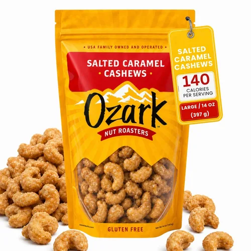 Vista 11 de OZARK NUT ROASTERS Anacardos de caramelo salado, aperitivo gourmet de nueces confitadas, sin gluten, sal marina y anacardos glaseados con caramelo