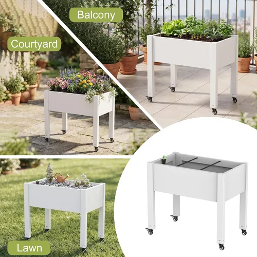 Vista 6 de PatioZen Raised Garden Bed with Legs, Raised Planter Box with Lockable Wheels &Self-Watering, Drainage Plug for Vegetables Flowers, Rustproof Resin