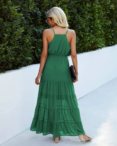 Vista 4 de PRETTYGARDEN Vestido casual de verano para mujer, tirantes delgados, sin mangas, cintura alta, para playa, largo