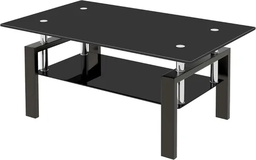 Vista 3 de Mesa de centro moderna de vidrio, mesas de té de vidrio templado negro de 2 niveles para sala de estar, rectangular de 39.4 x 23.7 x 17.72 pulgadas