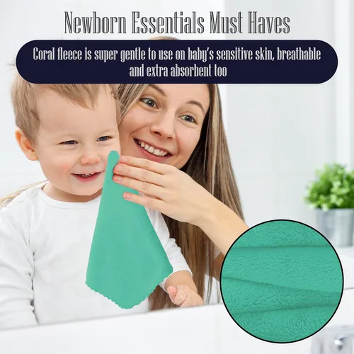 Vista 7 de Paquete de 16 toallitas para bebé - 10x10 pulgadas, vellón de coral - Paños de lavado extra absorbentes y suaves para recién nacidos, bebés y niños