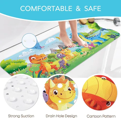 Vista 5 de SHUCHING Tapete de baño de dinosaurio para bebé antideslizante de 40 x 16 pulgadas, tapete de baño antideslizante para niños y bebés, tapete
