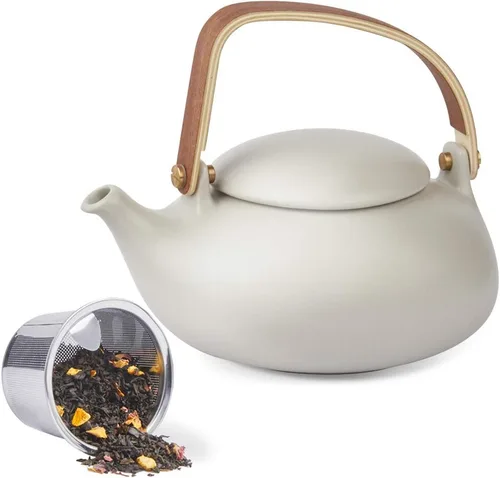 Vista 7 de Tetera ZENS con infusor, tetera de cerámica japonesa de 2 tazas para té de hojas sueltas, tetera de porcelana mate blanca pequeña de 800 ml