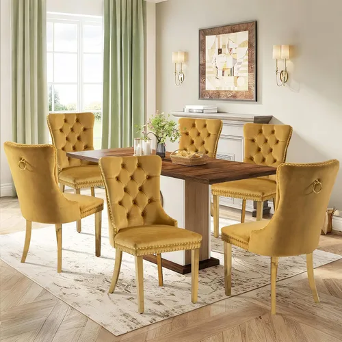Vista 131 de Juego de 2 sillas de comedor de terciopelo con patas de madera, color beige Mid Century Modern Dining Chairs,Upholstered Chairs with Nailhead