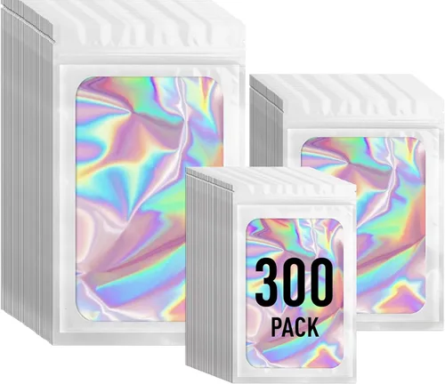 Vista 28 de ANZNKU 300 bolsas holográficas de Mylar resellables, bolsas resellables de 4x6 pulgadas para pequeñas empresas, bolsa de kit para resaca a prueba