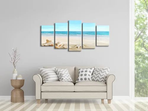 Vista 3 de Pyradecor, paisaje de playa en 5 paneles, lienzo Giclee de paisaje marino, impreso en lienzo moderno, tensado y encuadrado, arte para pared