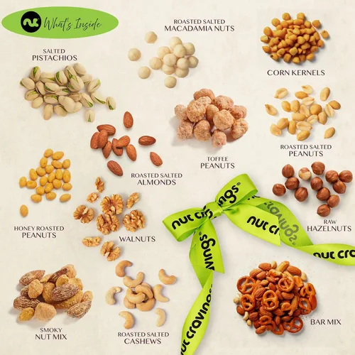 Vista 6 de NUT CRAVINGS - Cesta de regalo de nueces mixtas en bandeja de madera de diamante reutilizable + cinta verde (12 surtidos) golosinas para adultos