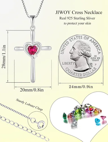 Vista 6 de Collar de cruz de plata de ley 925 con colgante religioso de crucifijo y piedra natal de corazón