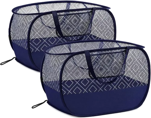 Vista 9 de Cesta de lavandería plegable mejorada de 100 L, cesta de lavandería desplegable de malla extragrande, cesta de ropa sucia con asas largas, cestas