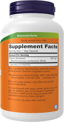Vista 2 de NOW Suplementos, Eleuthero (Eleutherococcus senticosus) 500 mg, Hierba Adaptogénica*, 250 Cápsulas Vegetales